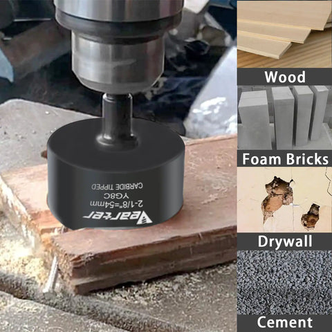 Heavy Duty Pro Grade Carbide Piercing Hole Saw Kit All In One 10 Piece Set with drilling action on wood and material list