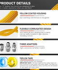 Product details showing 72 Inch Flexible Stainless Steel Gas Line Kit For Dryer Stove And Range, with fittings and tape.