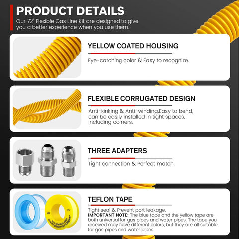 Product details showing 72 Inch Flexible Stainless Steel Gas Line Kit For Dryer Stove And Range, with fittings and tape.