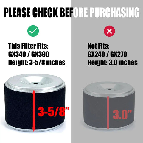 Comparison of Honda air filter sizes for GX340 GX390 and GX240 GX270, highlighting correct fitment for 11HP and 13HP engines