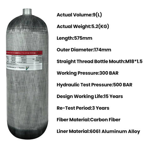 Beefy 4500 Psi 9L Carbon Fiber Scuba Tank With M18x1.5-6H Valve With Specifications Displayed