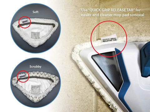 Replacement Steam Mop Pads for Bissell PowerEdge and PowerForce Lift Off Mops showing quick release tabs and pad types.