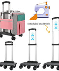 Foldable Deluxe Rolling Sewing Machine Case with wheels for most machines, detachable and foldable trolley, pink and grey design.