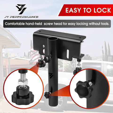Badass Universal Truck Flag Pole Mount Holder For Pickup Rig Rust Proof Steel Clamps Fits One Point Two Inch Masts, detailed view of locking screws.