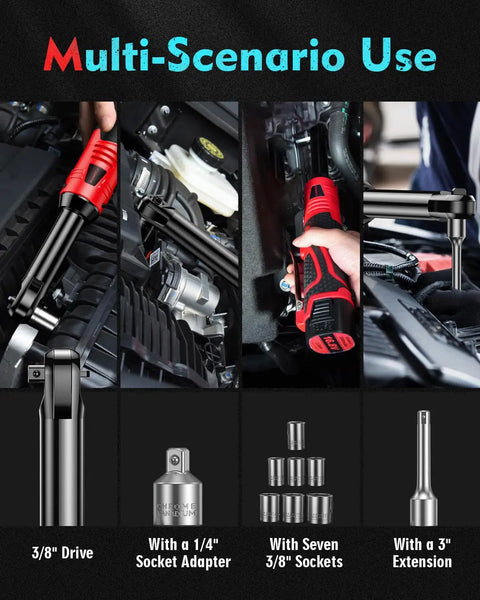 Cordless Three Eighths Inch Drive Ratchet Wrench Set With Dual 2000mAh Batteries, 40 Ft Lb Electric Torque And 150 Nm Manual Torque, 450 RPM, Sixteen Point Eight Volt Variable Speed, 7 Sockets And LED Light For Automotive And Heavy Duty Jobs. 3/8 drive, 7 sockets, 1/4 adapter, 3-inch extension