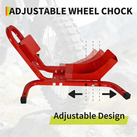 Heavy Duty Motorcycle Wheel Chock With 1800 Lb Capacity Adjustable 16 To 21 Inch Tire Fit For Cruisers Dirt Bikes And ATVs Rust Resistant Steel For Trailer Or Garage Mount Red adjustable design