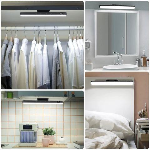 Rechargeable 5W Mirror Light With Remote Control installed in closet, above mirror, in kitchen, and above bunk bed.