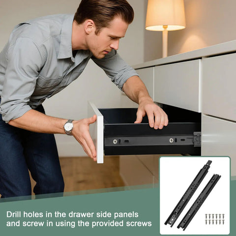 Person installing Heavy Duty Steel 13 Inch Drawer Slides Full Extension Ball Bearing Side Mount Cabinet Rails With Screws for furniture.