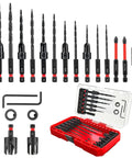 Hardcore 20 Piece Countersink Drill Bit Set With Tapered Bits Wood Plug Cutters Depth Stop Rings And Hex Keys For Dead Fast Finish Prep Work Every Damn Time in a red and clear case.
