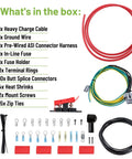 Inside the box contents for Straight Shot Plug And Play Alternator Stator Swap Wiring Cable Conversion Harness Kit for Ford models.
