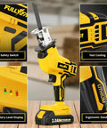 Cordless Reciprocating Saw With 0-3500 SPM Stepless Speed, features safety switch, ergonomic handle, 2 batteries, yellow