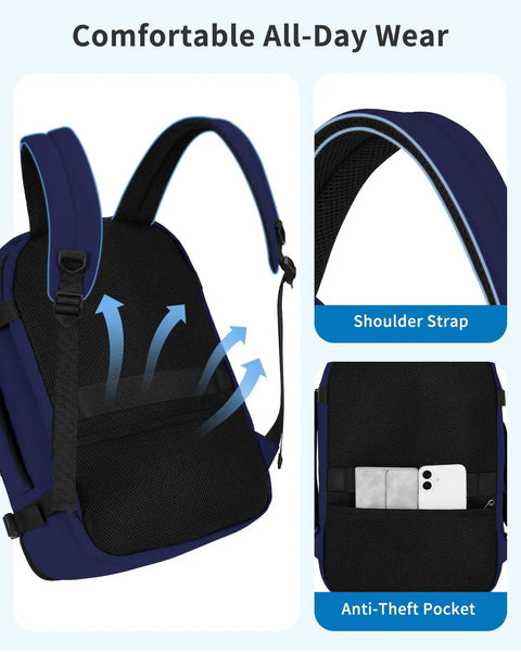 Comfortable back and straps of Go To Underseat Personal Item Travel Backpack With 10 Pockets And 180 Degree Opening 15.6 Inch Laptop Carry On Bag For Men And Women Navy Blue Fits United Airlines Cabin Size, featuring airflow design and anti-theft pocket.