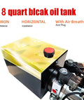 8 Quart black oil tank made of iron, designed for horizontal installation, features air breather and plug, suitable for hydraulic systems.