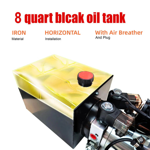 8 Quart black oil tank made of iron, designed for horizontal installation, features air breather and plug, suitable for hydraulic systems.