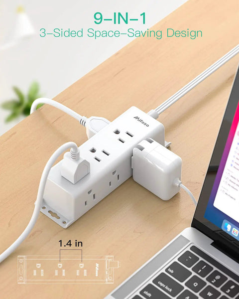9-outlet surge protector with 10 ft cord on desk, featuring 3-sided design for space-saving. Includes wall mount holes.