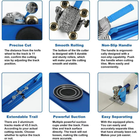 Pro-Grade Tile Cutter Tool For Ceramic And Porcelain Tiles, Heavy-Duty, features like precise cut and non-slip handle visible