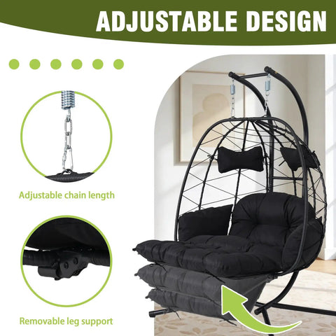 Two Person Outdoor Hanging Egg Chair With Stand And Adjustable Footrest Oversized Wicker Swing Chair With Thick Cushions