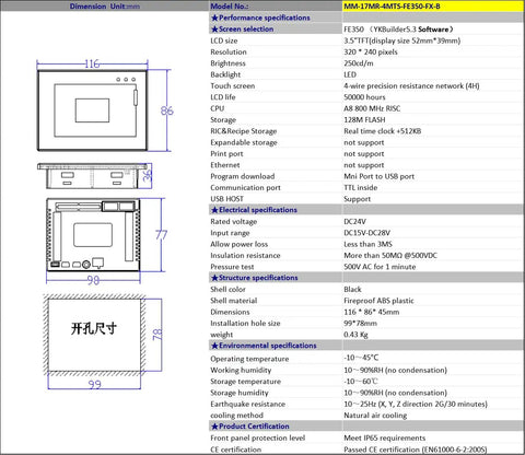 Diagram and specifications for 3.8 Inch PLC HMI All In One Integrated Programmable Logic Controller with 10 inputs and 7 relays.