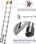 12.5 Foot Telescoping Aluminum Ladder with safety features, showing suggested angle and non-slip mat for DIY and outdoor use