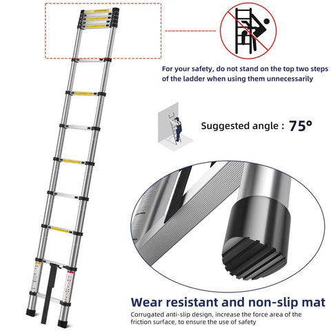 12.5 Foot Telescoping Aluminum Ladder with safety features, showing suggested angle and non-slip mat for DIY and outdoor use