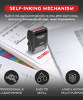 Self Inking Closed Rubber Stamp With Built In Ink Pad For Office Invoices And Paperwork Featuring No Sweat Quick Press Action on paperwork