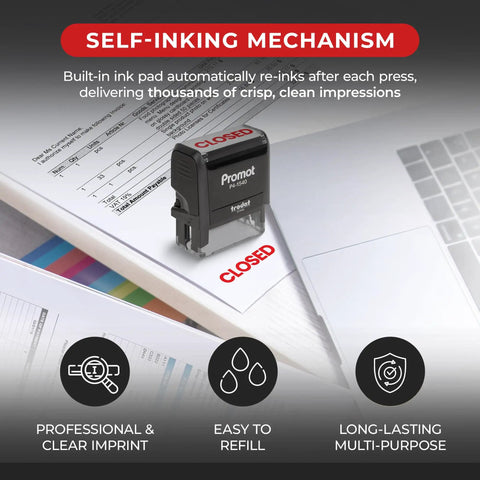 Self Inking Closed Rubber Stamp With Built In Ink Pad For Office Invoices And Paperwork Featuring No Sweat Quick Press Action on paperwork