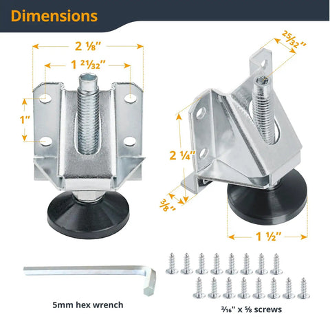 Heavy Duty Tough As Nails Adjustable Furniture Leg Levelers 4 Pack With Nylon Feet Screws And Lock Nuts dimensions shown