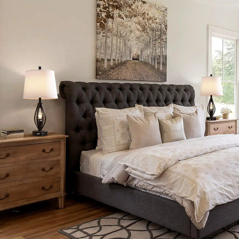 Bedroom scene with Set Of 2 Modern Farmhouse Table Lamps With USB Ports And Night Light Industrial Open Column Bedside Lamps.
