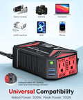 Pure Sine Wave Power Inverter 300W Car Charger Plug In Outlet 12V To 110V AC With Two USB Ports 4.8A Fast Charging Black, shown with devices