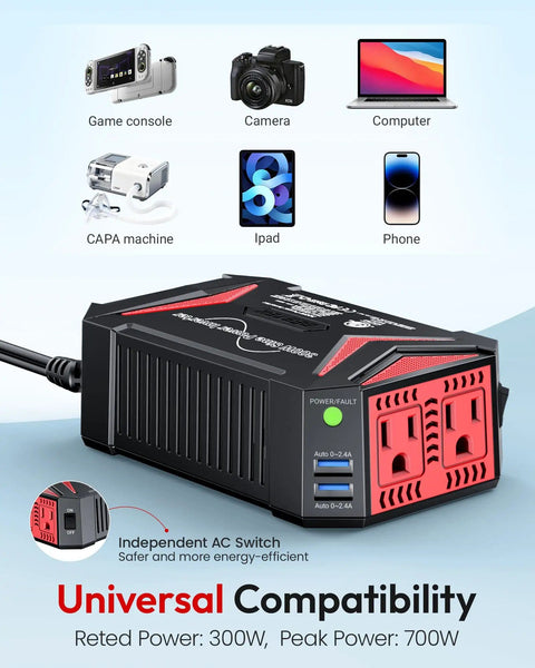 Pure Sine Wave Power Inverter 300W Car Charger Plug In Outlet 12V To 110V AC With Two USB Ports 4.8A Fast Charging Black, shown with devices