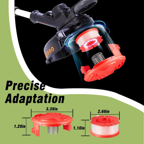 Replacement Weed Eater Line Spools Set For Craftsman String Trimmer CMZST0653 with installation view and dimensions