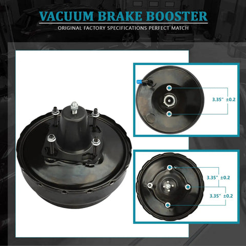 Premium Vacuum Power Brake Booster Quick Swap Direct Replacement Kit For Lexus ES300 Toyota Camry Avalon Solara 1995 To 2003 showing top view and detailed measurements.