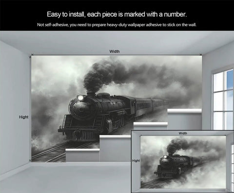 Retro Steam Train Mural 59 By 41 Inch Silk Cloth Wall Art For Living Room And Bedroom Not Peel And Stick Vintage Locomotive Wallpaper Ideal For Boys Room For Your Space, shown installed on a wall.