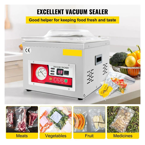 Commercial Chamber Vacuum Sealer That Locks Down Freshness And Keeps Your Kitchen Vibes On Point With A Smooth 180 Watt Pump For Heavy Duty Meat Packaging And Bang For Your Buck Storage, showing meats and vegetables in sealed bags.