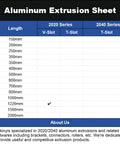 Aluminum Extrusion Sheet listing dimensions including 2020 Series V Slot, with 1220mm marked for V Slot Aluminum Extrusion Profile 20x20.