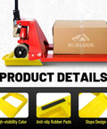 Heavy Duty Pallet Jack Chock Wheel Stopper Stabilizes Pallet Trucks On The Jobsite For Safer More Efficient Handling 14.2 Inch Long By 11.2 Inch Wide By 2 Inch High Yellow 2 Pack, with pallet truck in chock on loading dock.