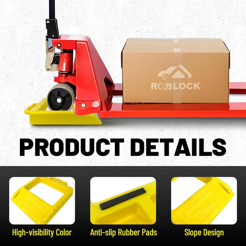 Heavy Duty Pallet Jack Chock Wheel Stopper Stabilizes Pallet Trucks On The Jobsite For Safer More Efficient Handling 14.2 Inch Long By 11.2 Inch Wide By 2 Inch High Yellow 2 Pack, with pallet truck in chock on loading dock.