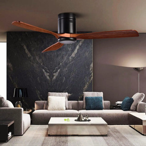 Low Profile 52 Inch Outdoor Ceiling Fan With Remote Control 6 Speeds Whisper Quiet DC Motor Weather Resistant Flush Mount Wood Blades Black Walnut Finish No Light