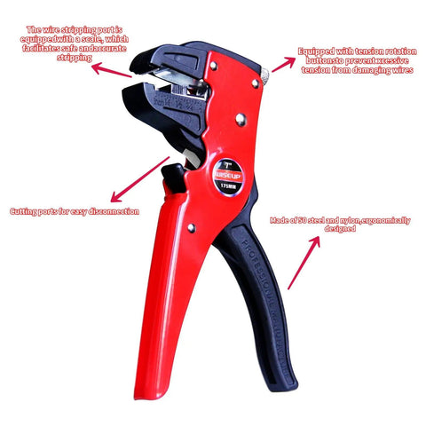 Automatic Wire Stripper And Cutter 7 Inch Eagle Nose Pliers, red handle with tension adjustment and cutting ports visible