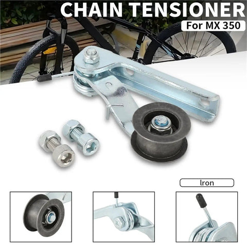 Heavy Duty Chain Tensioner Kit With Guide Wheels Pulley Roller Fit For MX 350 Dirt Bike Iron Construction Keeps Drive System Locked Tight Shredding Rough Trails Includes Adjuster Tool For Install Optimal Tension For Reliability And Safe Riding Anytime. Iron chain tensioner kit with pulley roller, bolts, and adjuster tool for MX 350 dirt bike
