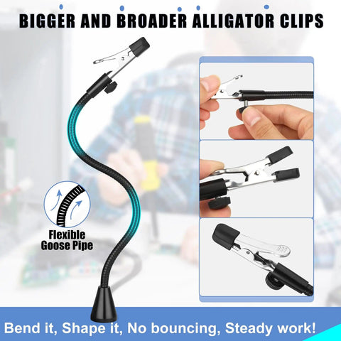 Close-up of Magnetic Helping Hands Soldering Station's flexible goose pipe and alligator clips, perfect for precision tasks.