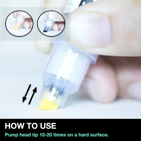 Close-up of acrylic-based midsole marker showing 6.5 mm tip and pump-action flow, designed for custom shoe restoration.