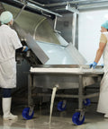 Stainless steel 5-inch heavy-duty casters with blue polyurethane wheels; four-wheel cart for food processing equipment