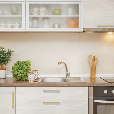 Modern kitchen with Gold Brushed Brass Cabinet Pulls 8 Inch Center With 20 Pack Kitchen Cabinet Handles on white cabinets