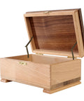 Heavy Duty Folding Lid Support Hinges 2 Piece Set in a wooden jewelry box with gold tone hinges for lid support.