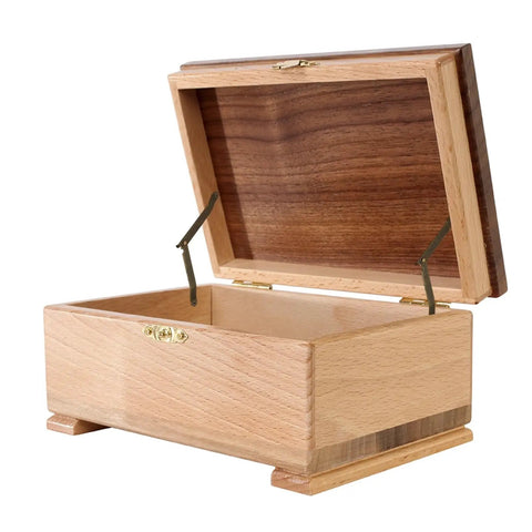 Heavy Duty Folding Lid Support Hinges 2 Piece Set in a wooden jewelry box with gold tone hinges for lid support.