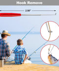 Fishing hook remover tool with red handle and two anglers sitting on a pier overlooking a lake with fishing rods.