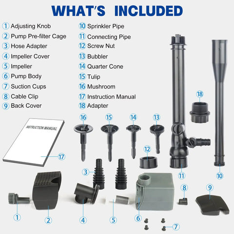 Components of Submersible Pond Fountain Pump With Four Fountain Heads For Small Ponds No Fuss Setup Outdoor Water Feature Kit 185 GPH