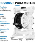 Pro Grade Air Operated Double Diaphragm Pump 15 GPM 1 Inch Port dimensions and specifications showcasing PTFE diaphragm