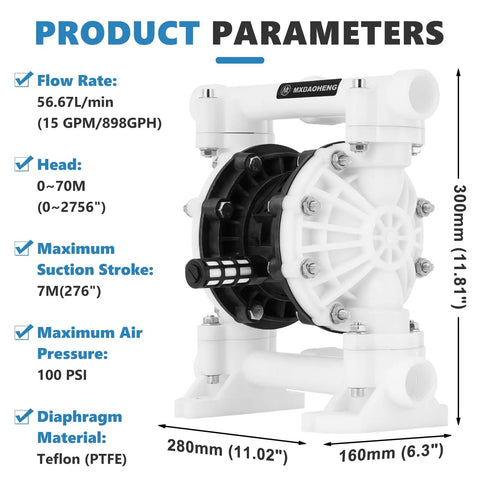 Pro Grade Air Operated Double Diaphragm Pump 15 GPM 1 Inch Port dimensions and specifications showcasing PTFE diaphragm